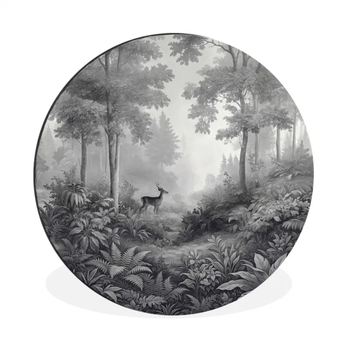 Bos - Hert - Zwart - Wit Wandcirkel aluminium klein -3d