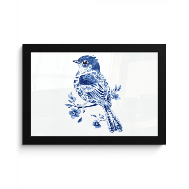 Vogel - Delfts blauw - Illustratie - Bloemen fotolijst zwart zonder passe partout klein -3d
