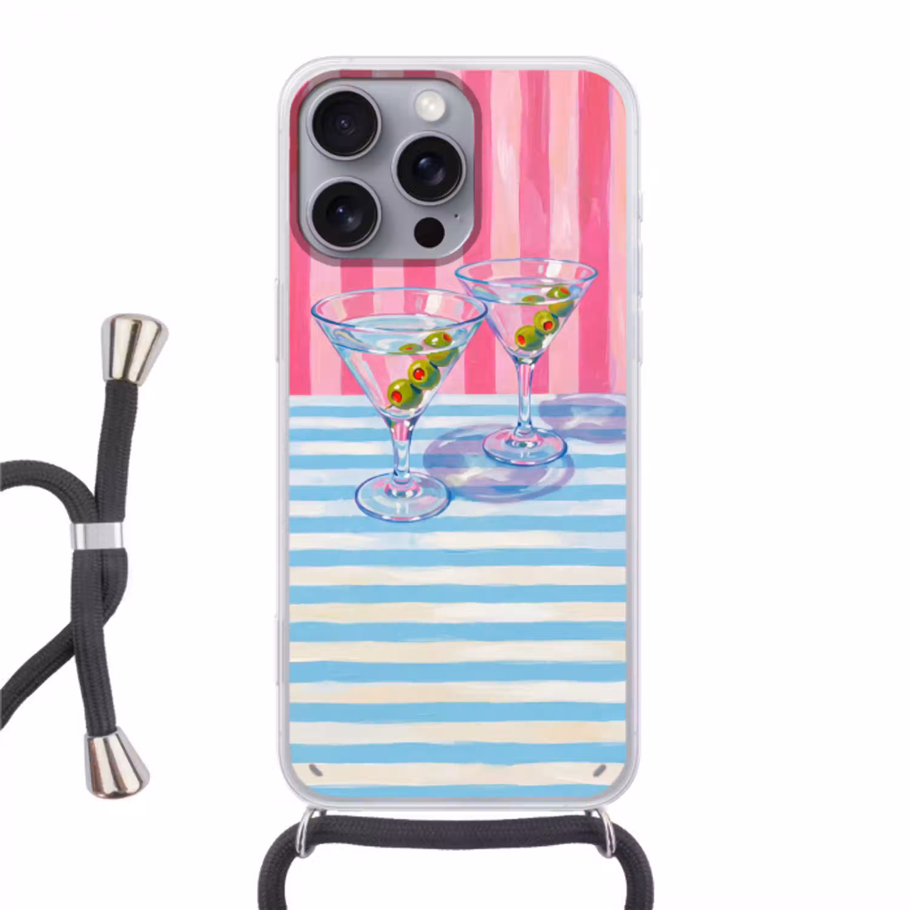 Cocktail - Olijven - Kunst - Modern - Roze Hoesje iPhone 16 Pro Max met koord klein -3d