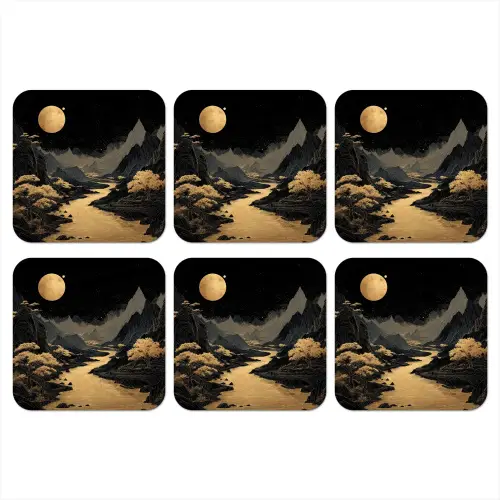 Gouden rivier - Bergen - Maan - Sterrenhemel onderzetter kurk middel -3d