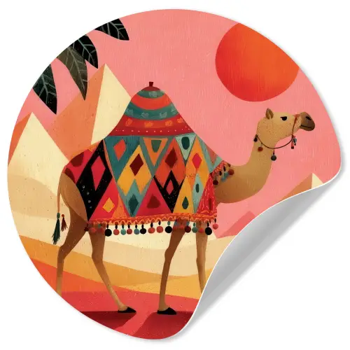 Kameel - Pyramides - Rode zon Wandcirkel behangsticker klein -3d