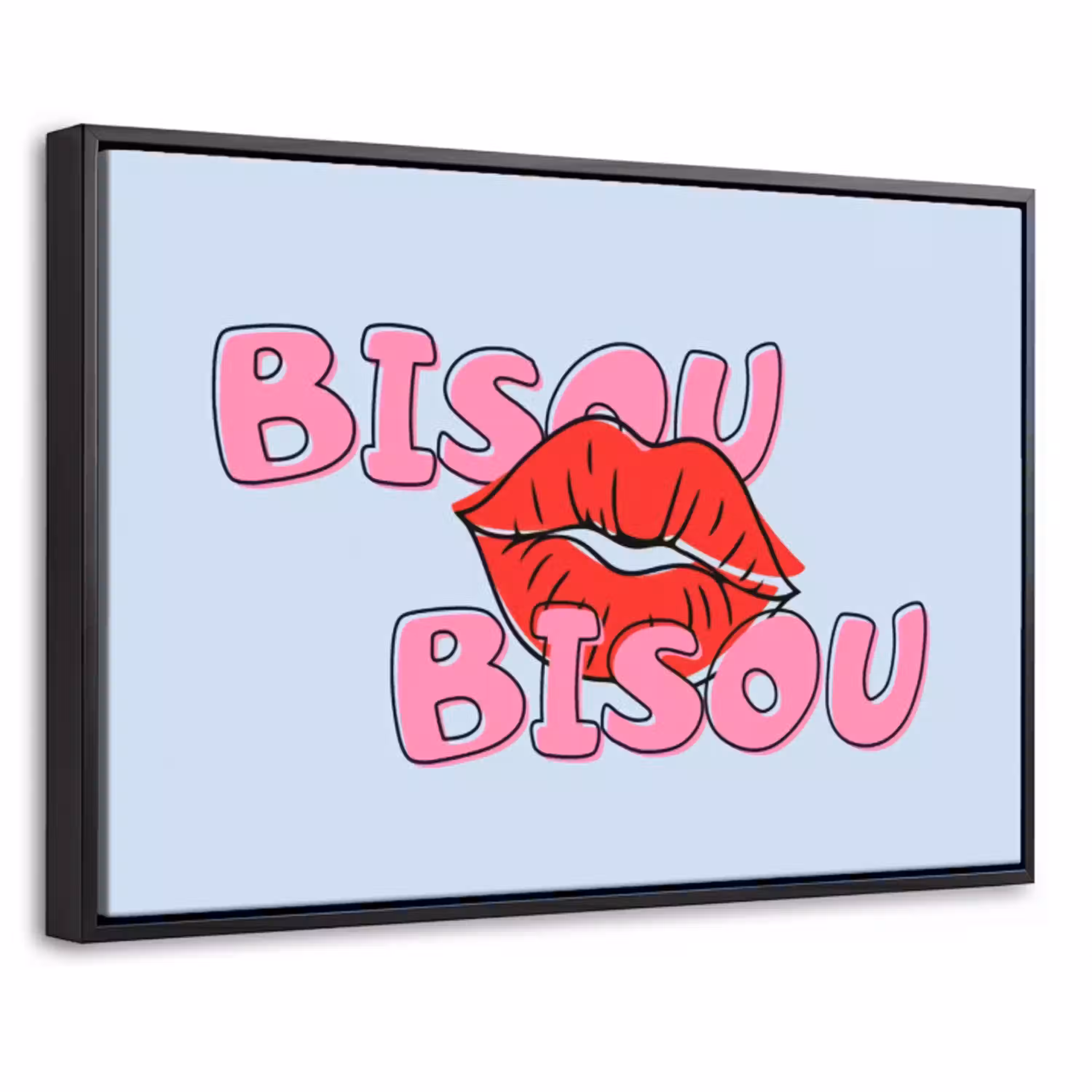 Bisou - Blauw - Roze - Lippen Canvas met baklijst klein -threedimensional_3d_global