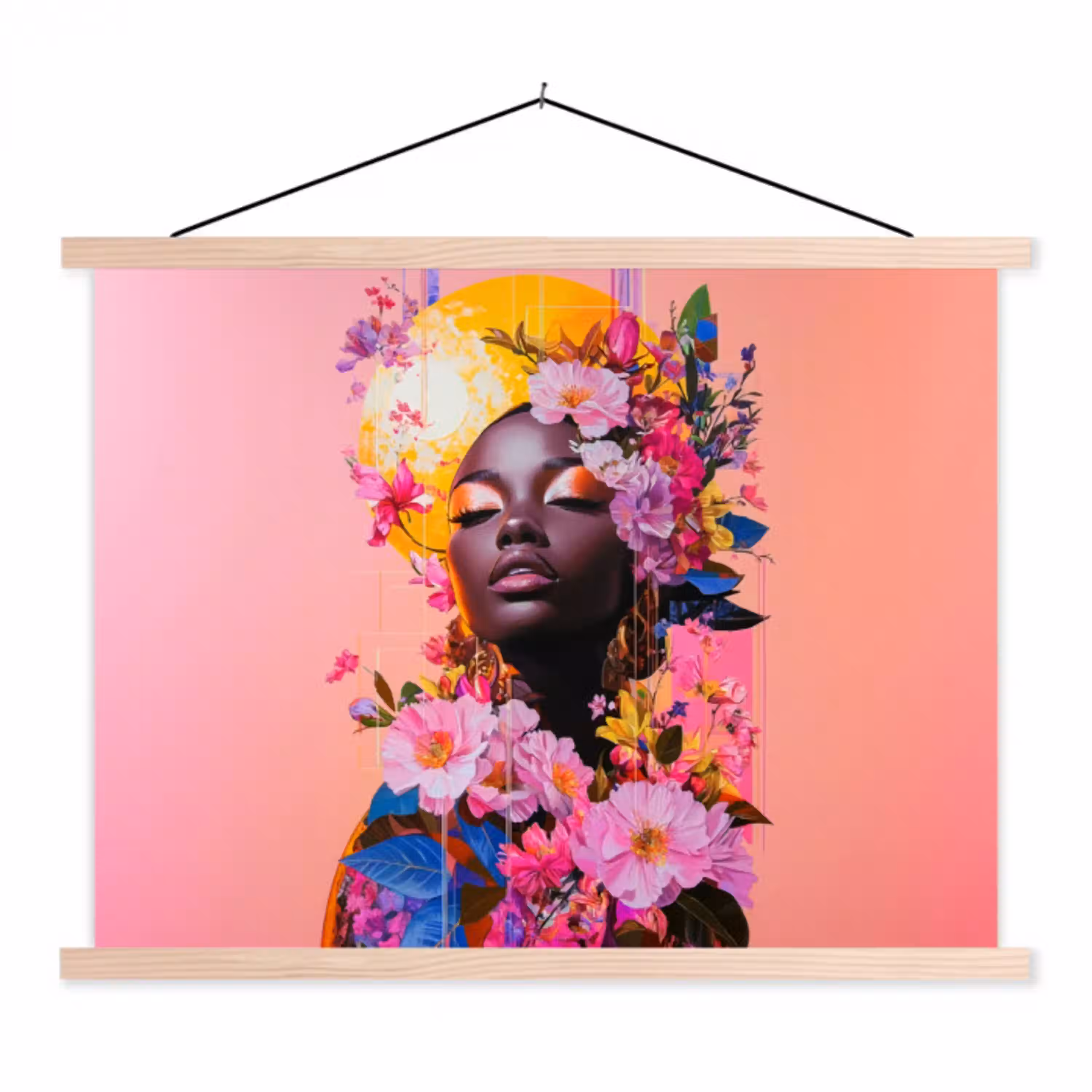 Kleurrijk - Bloemen - Vrouw - Zon textielposter latten blank klein -3d