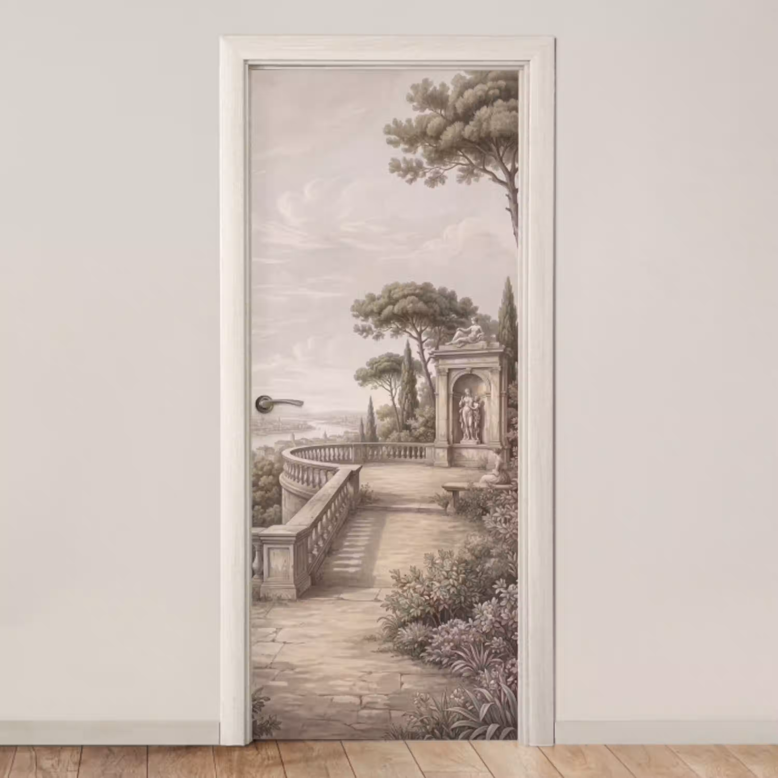 Terras - Stad - Uitzicht - Rivier deurposter klein -3d_beige