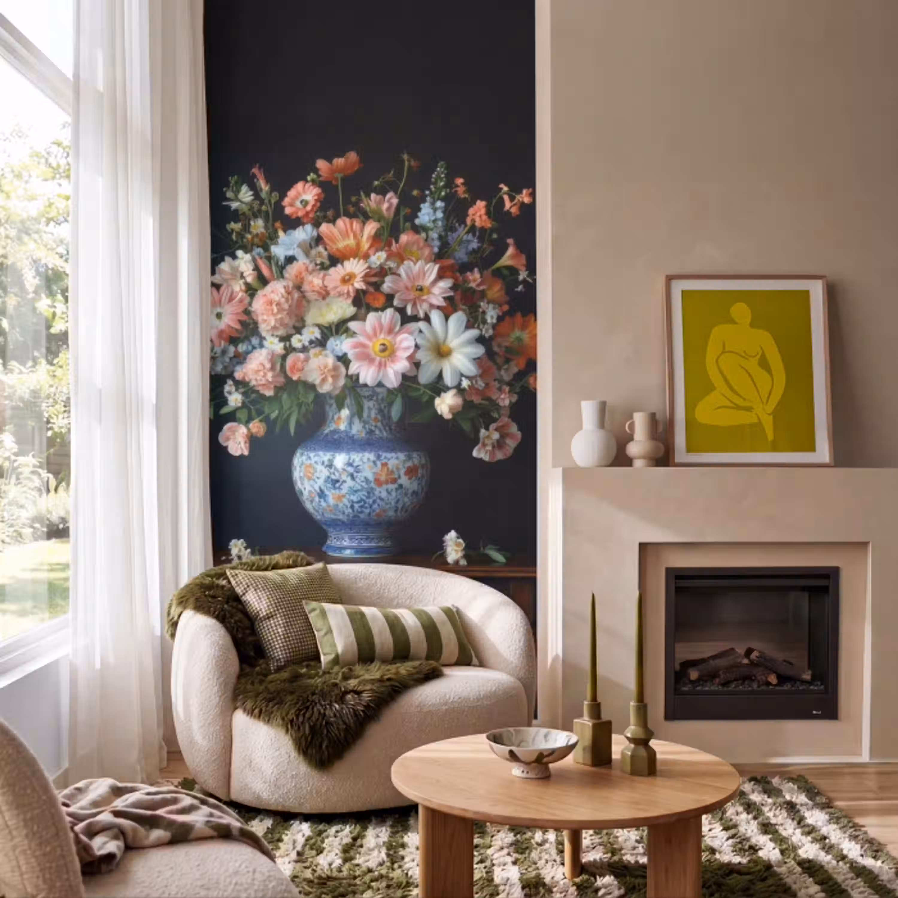 Hout - Vaas - Kleuren - Bloemen Behang Vlies klein -sfeer2