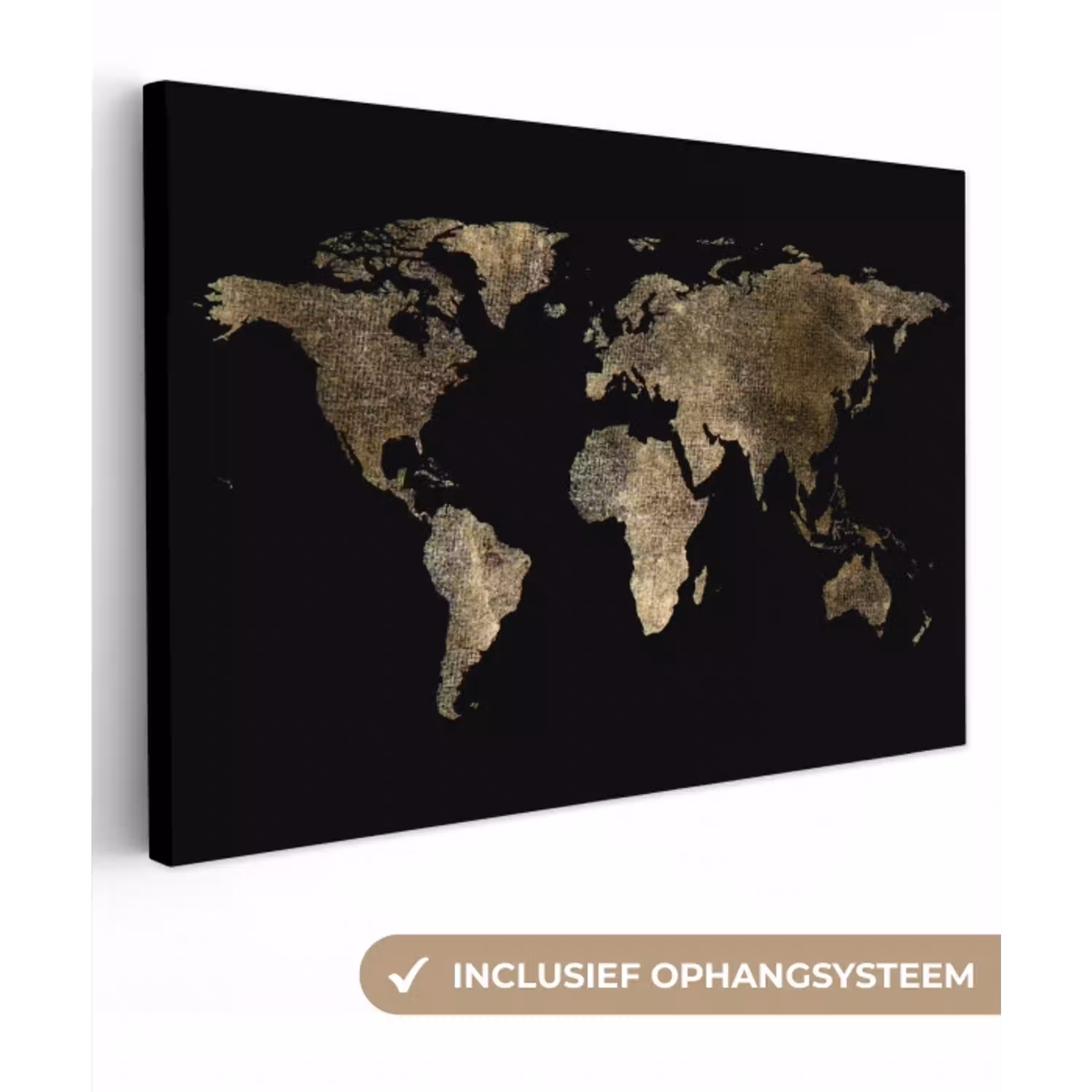 Wereldkaart - Goud - Zwart - Aarde - Luxe canvas 2cm klein -3d