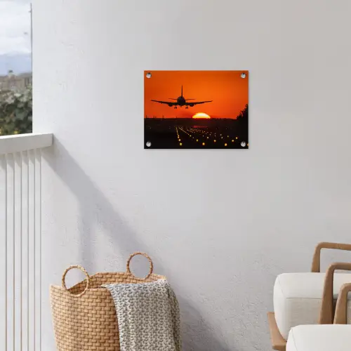 Zonsondergang - Vliegtuig - Oranje - Zon tuinposter los doek klein -sfeer8