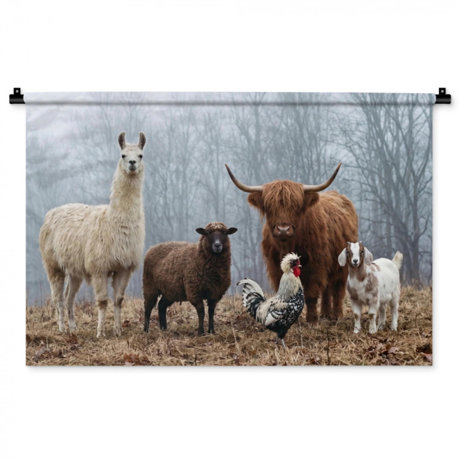 Boerderijdieren - Groep - Mist - Natuur - Rustiek Wandkleed katoen middel -zz3d