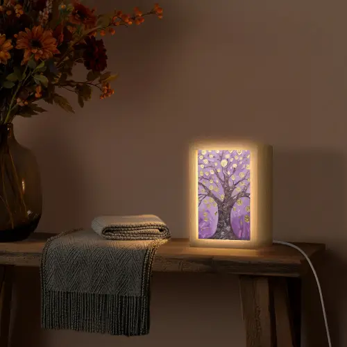 Levensboom - Boom - Paars - Goud - Modern Light Box met kabel (Tafellamp) klein -sfeer4