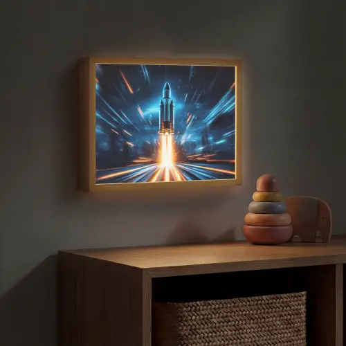 Raket - Ruimte - Blauw - Licht Light Box met batterij (Wandlamp kind) middel -sfeer5_kind