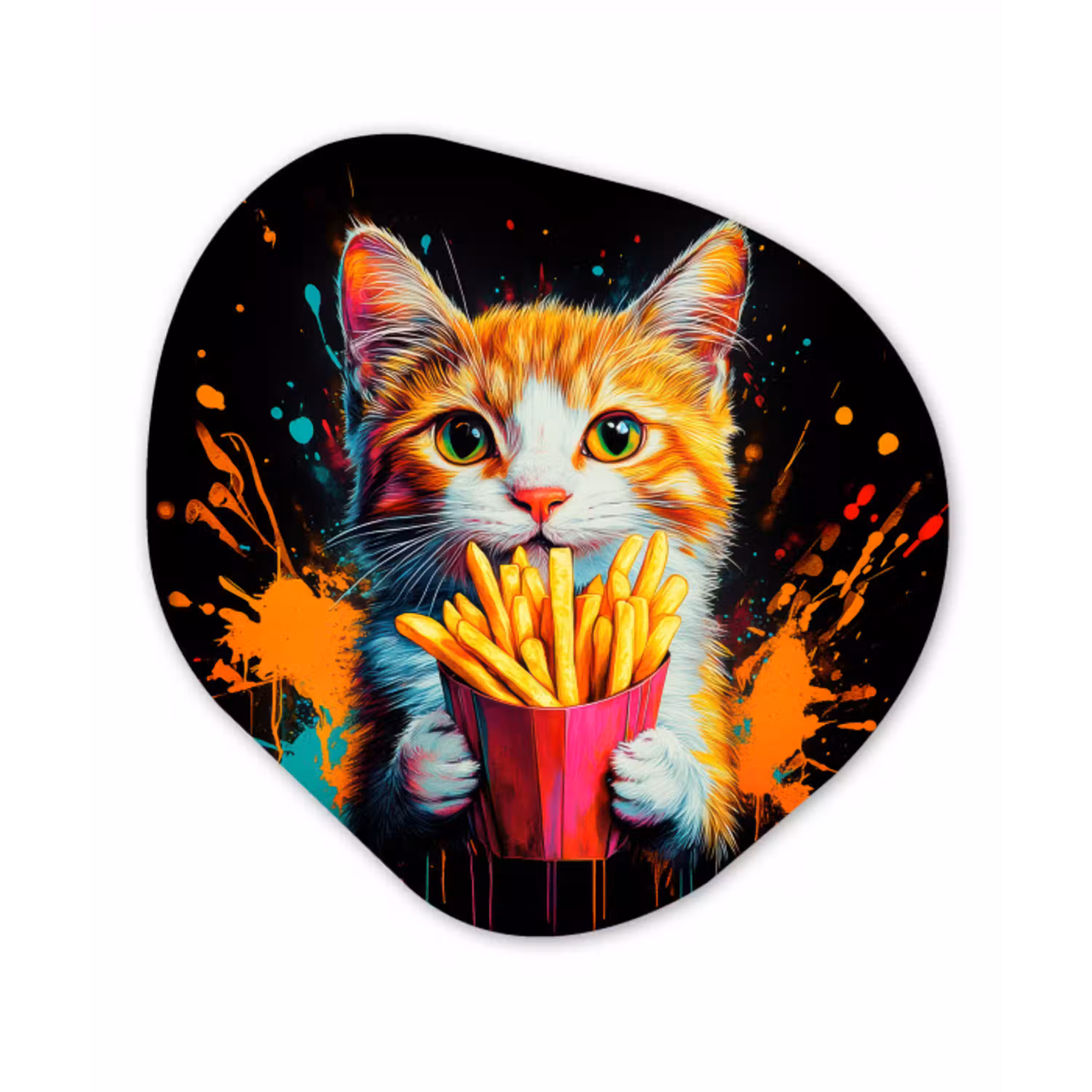 Kat - Eten - Patat - Graffiti - Abstract Wandcirkel Organisch Plexiglas middel -3d