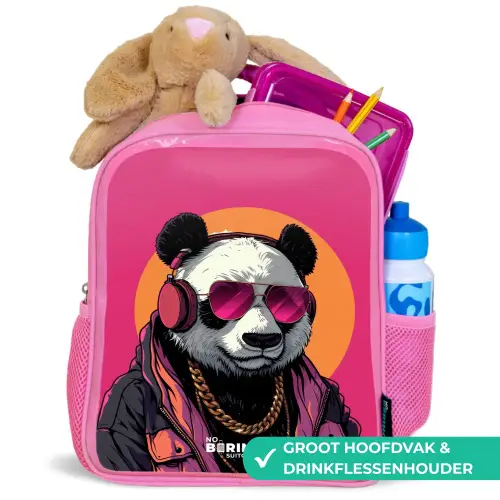 Panda met Koptelefoon, Zonnebril en Gouden Ketting Kinderrugzak - Roze middel -inhoud_NL