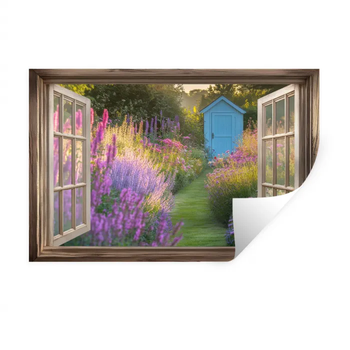 Doorkijk - Bloemen - Raam - Natuur Muursticker klein -3d