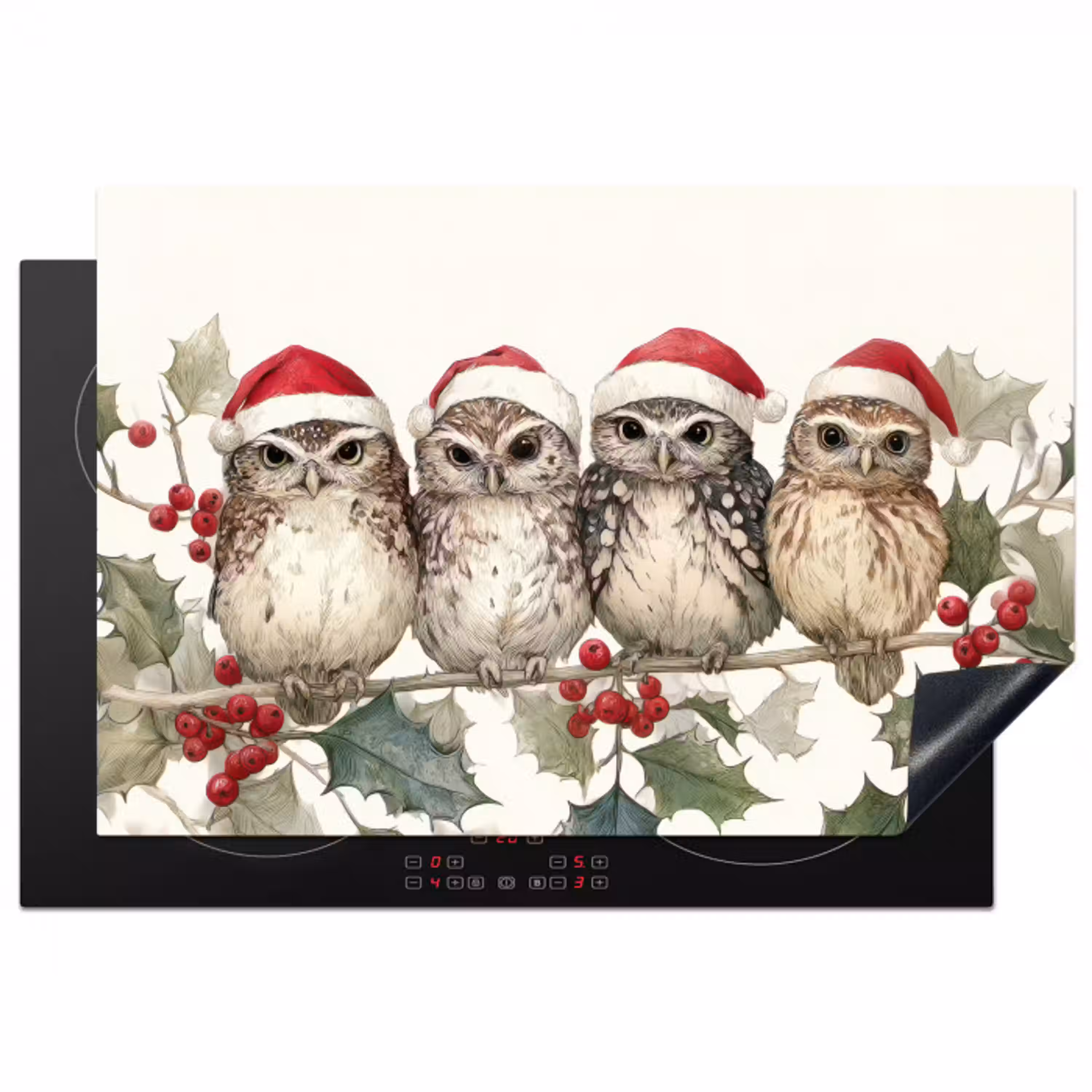 Uilen - Tak - Hulstblaadjes - Kerstmuts Inductie beschermer vinyl 3mm klein -3d