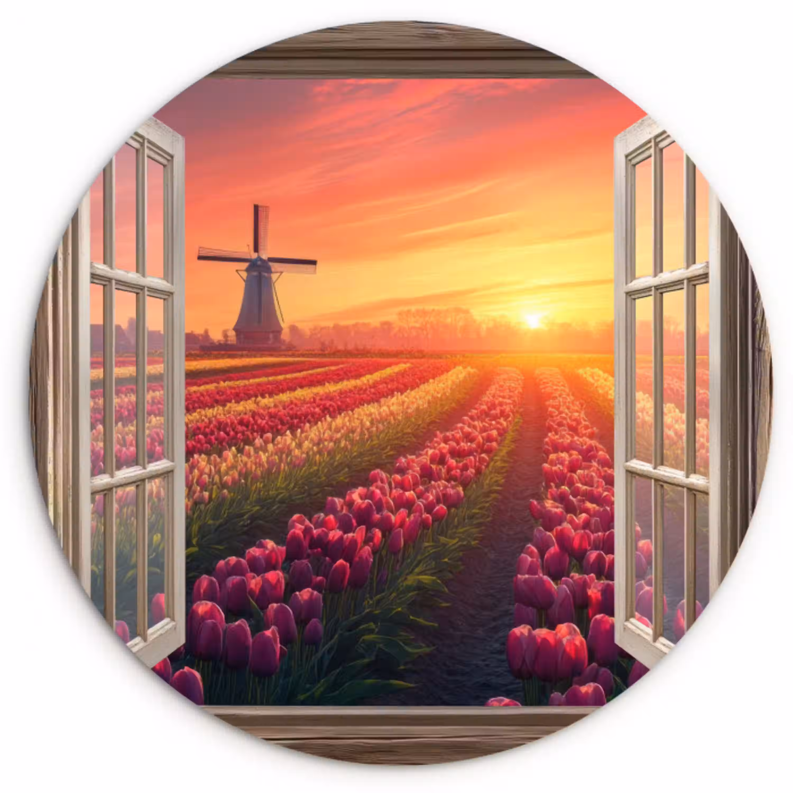 Doorkijk - Tulpen - Zonsondergang - Bloemen - Kleurrijk Wandcirkel plexiglas klein -3d