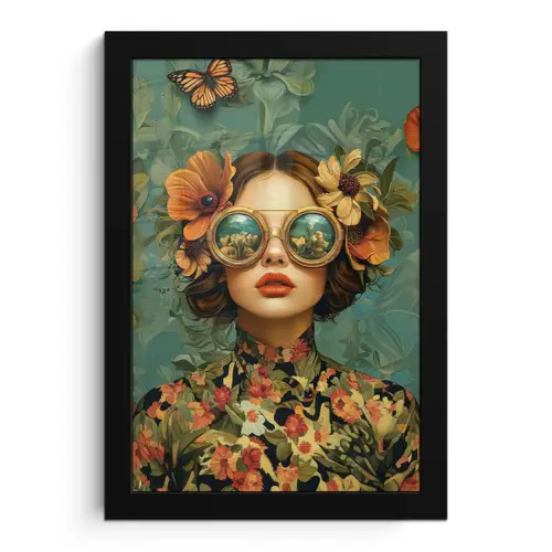 Vrouw - Bloemen - Vlinders - Natuur - Vintage fotolijst zwart zonder passe partout klein -3d