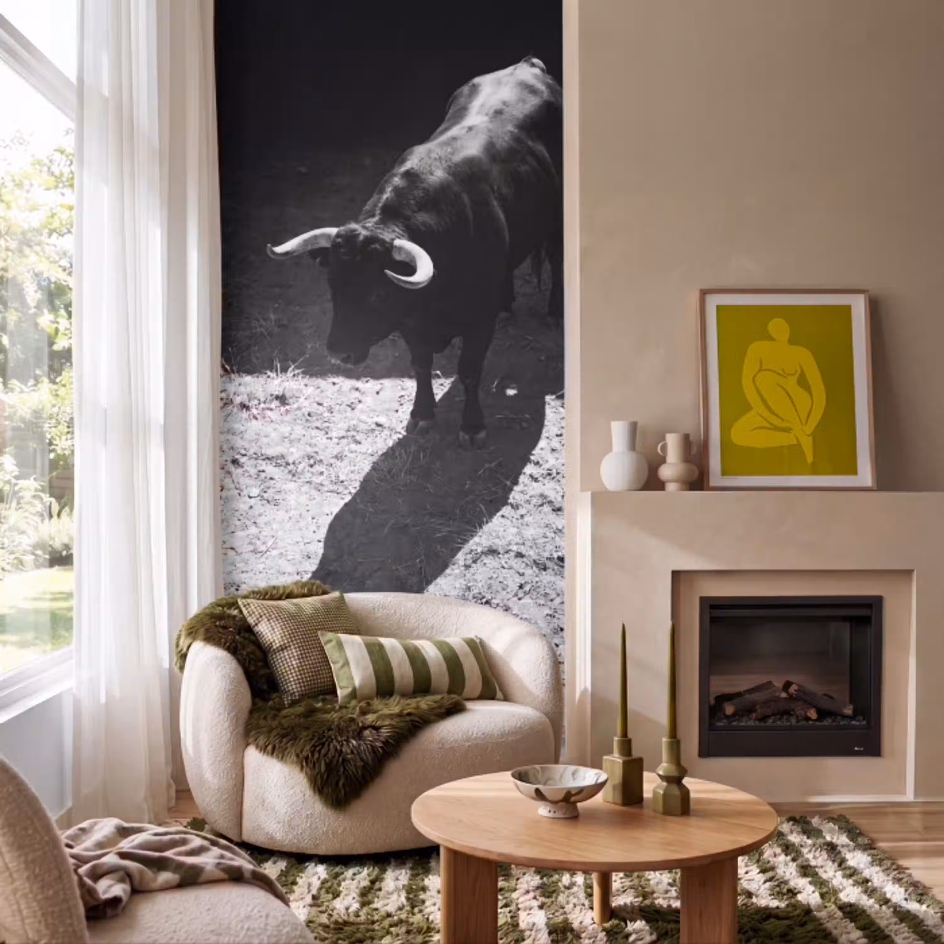 Stier - Schaduw - Dieren - Contrast - Zwart-wit Behang Vlies klein -sfeer2