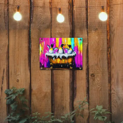 Pinguïns - Badkuip - Kleurrijk - Schuim tuinposter los doek klein -sfeer1