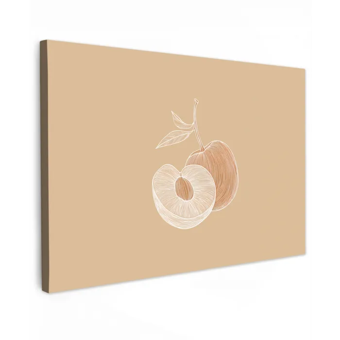Perzik - Lijntekening - Pit - Beige Tuinposter op houten frame 2 cm dik klein -3d