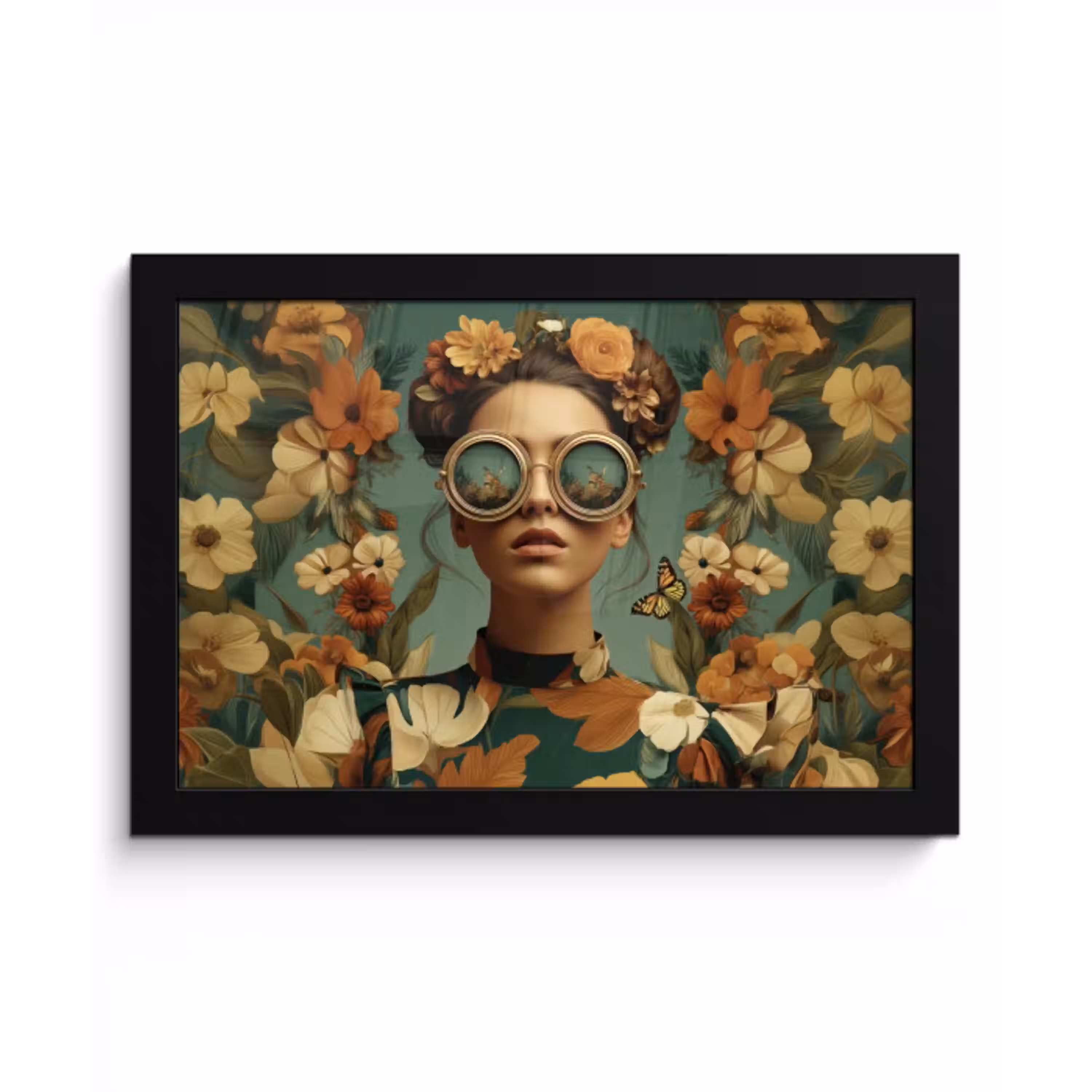 Bloemenkrans - Vrouwengezicht - Zonnebril - Oranje fotolijst zwart zonder passe partout klein -3d