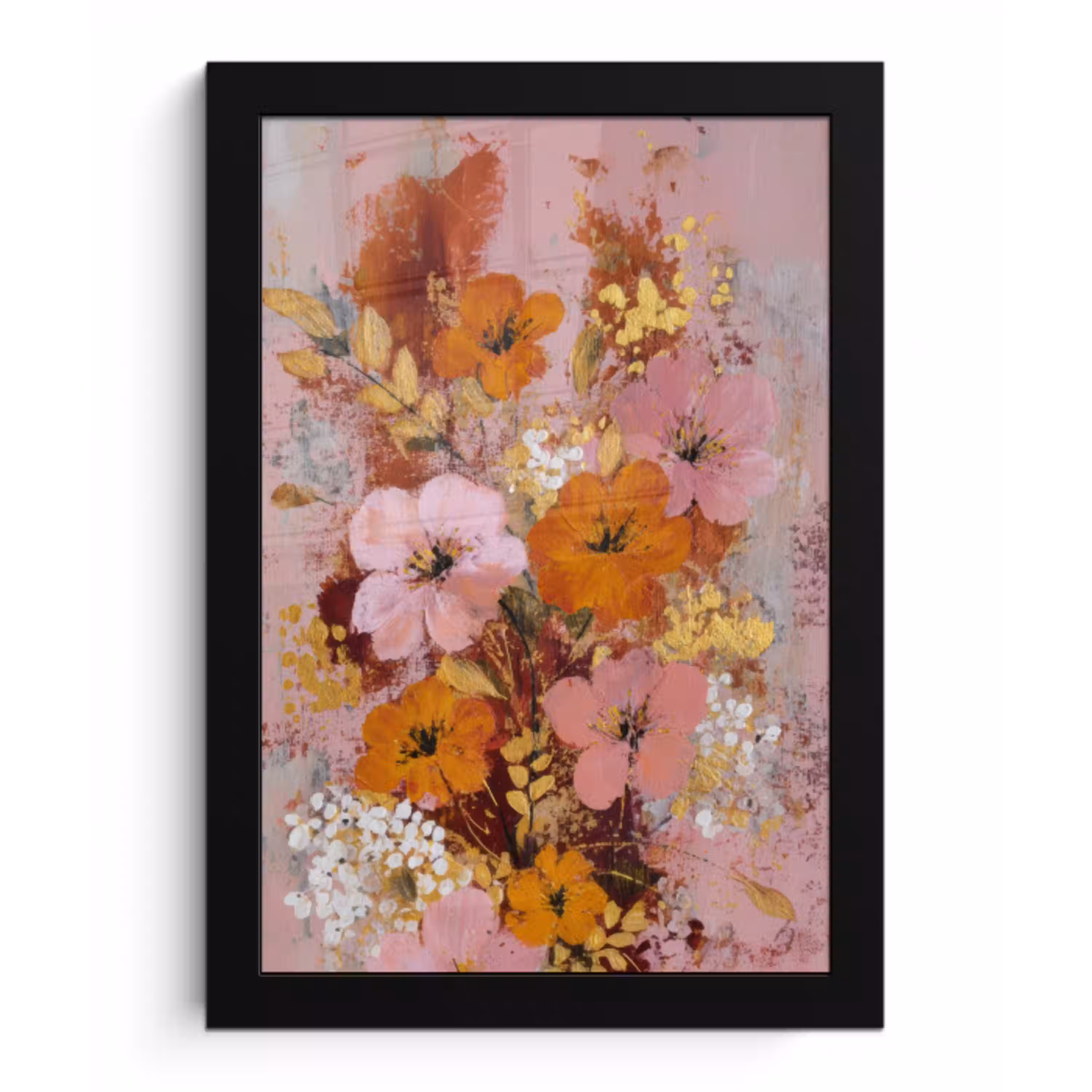 Schilderij - Bloemen - Rustiek - Roze fotolijst zwart zonder passe partout klein -3d