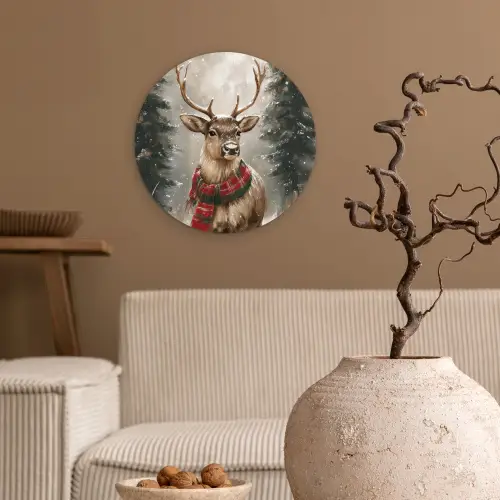 Winter - Bos - Rendier - Donker Wandcirkel kunststof plaat 5mm dik klein -sfeer1