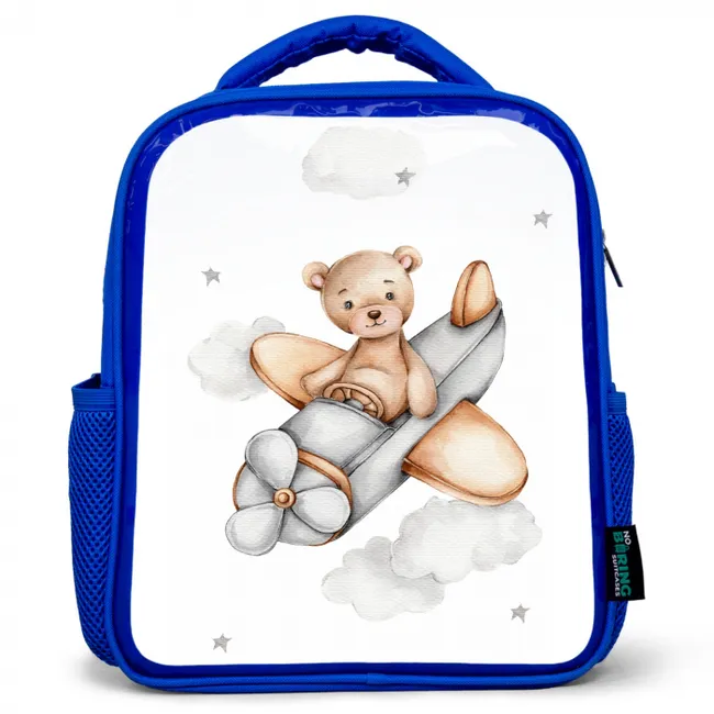 Beer - Vliegtuig - Sterren - Kinderen Kinderrugzak - Blauw middel -3d