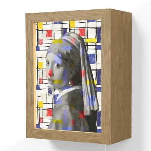 Mondriaan - Meisje met de parel - Collage Light Box met kabel (Wandlamp) klein -3d