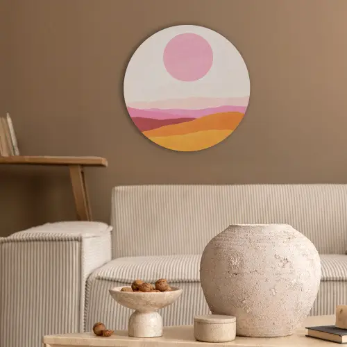 Heuvels - Oranje - Zon - Abstract Akoestische PET Vilt - Rond klein -sfeer1