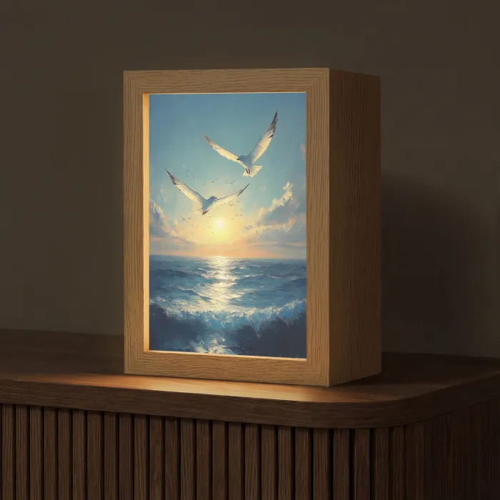 Meeuwen - Zee - Wolken -Blauw Light Box met kabel (Tafellamp) klein -z3d_website