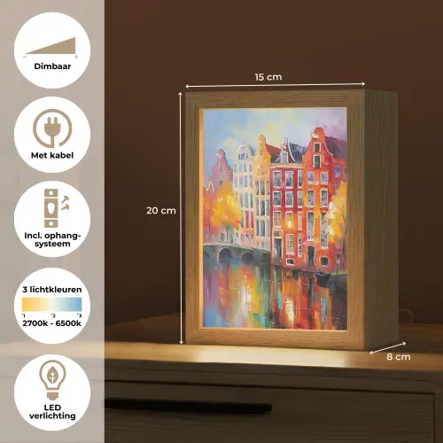 Grachtenpanden - Kunst - Schilderij - Amsterdam Light Box met kabel (Tafellamp) klein -USP_NL