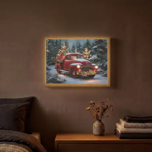Kersttruck - Sneeuwbos - Rood Light Box met batterij (Wandlamp) middel -sfeer4