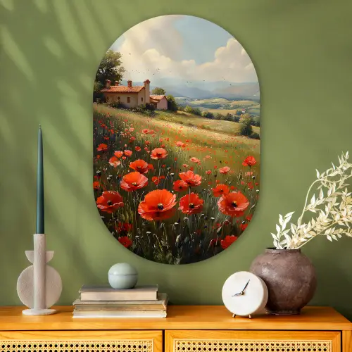 Klaprozen - Rood - Heuvels - Landschap Wandcirkel Ovaal Glas middel -sfeer2