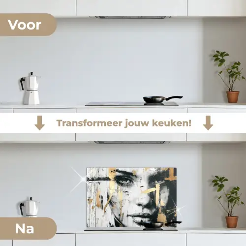 Portret - Vrouw - Penseelstreken - Goud keuken achterwand spatscherm klein -voor_na_NL