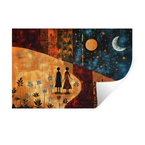 Silhouetten - Abstract - Zon - Maan Muursticker klein -3d