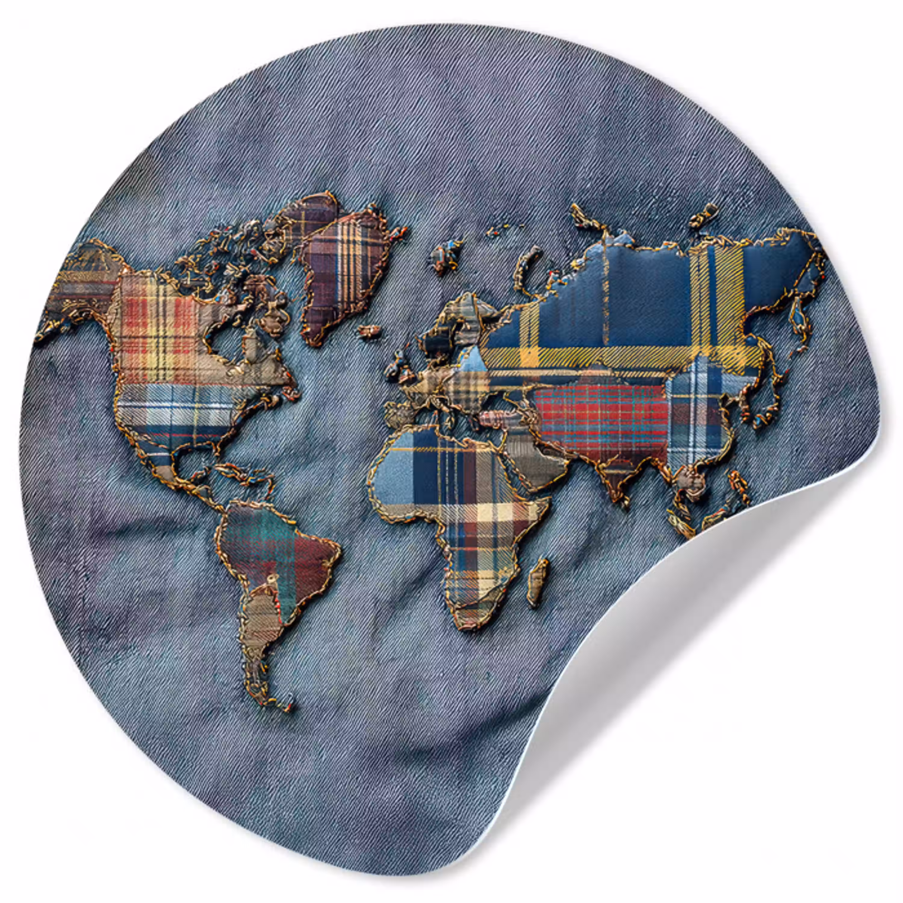 Wereldkaart - Denim - Textiel Wandcirkel behangsticker klein -3d