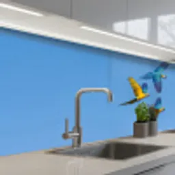 Papagaai - Vliegen - Blauw - Geel keuken achterwand 2 middel -3d_schuin