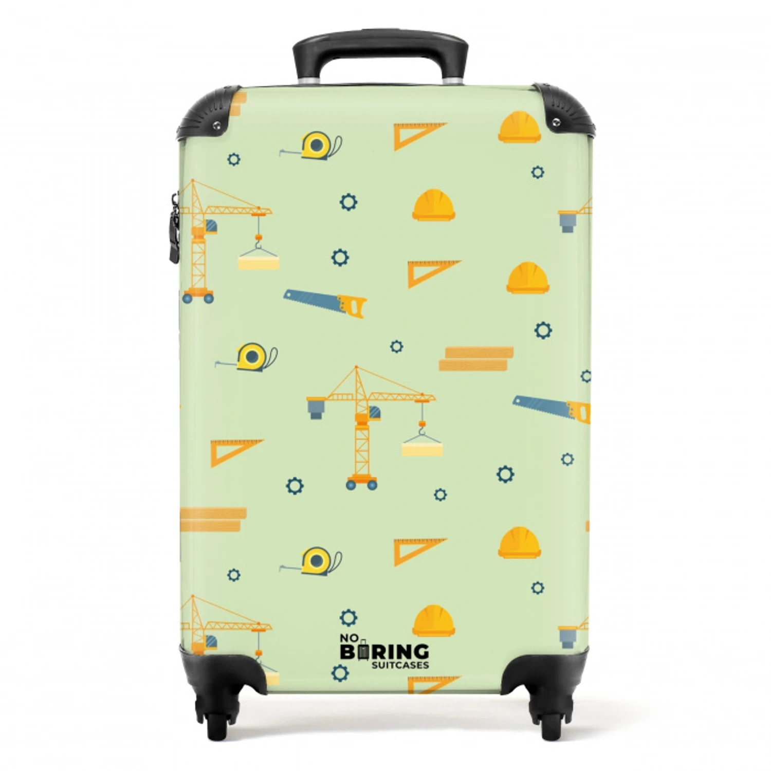 Bouwkranen en timmergereedschap op mintgroene achtergrond NBS - Handbagage koffer - Kinderen Unisex middel -productfoto_recht