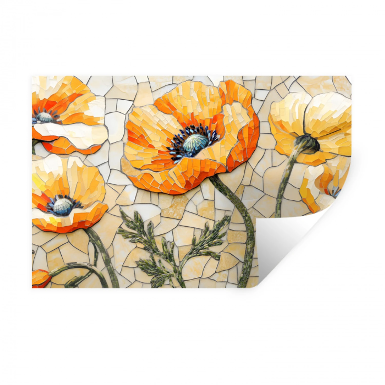 Klaprozen - Oranje - Mozaïek - Bladeren Muursticker klein -3d