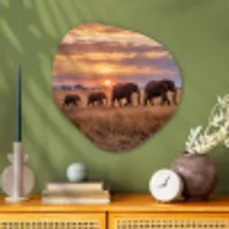 Olifanten - Savanne - Zonsondergang - Afrika - Warm Wandcirkel Organisch Aluminium middel -sfeer2