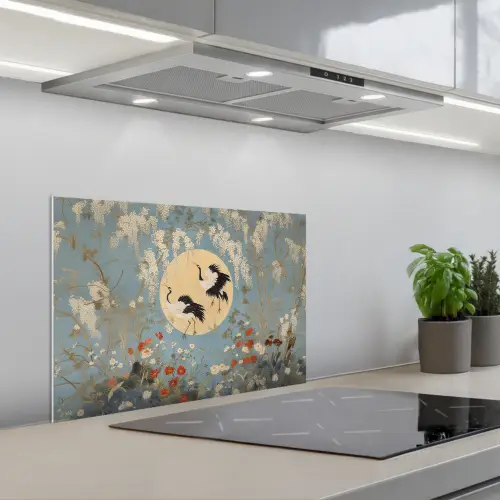Kraanvogels - Maan - Bloemen - Blauw keuken achterwand spatscherm klein -3d_schuin