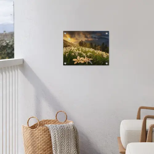 Bloemenveld - Heuvels - Zonsondergang - Berg - Natuur - Wit - Heuvels tuinposter los doek klein -sfeer8