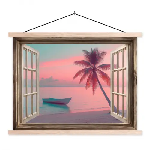 Doorkijk - Strand - Palmboom - Tropisch textielposter latten blank klein -3d