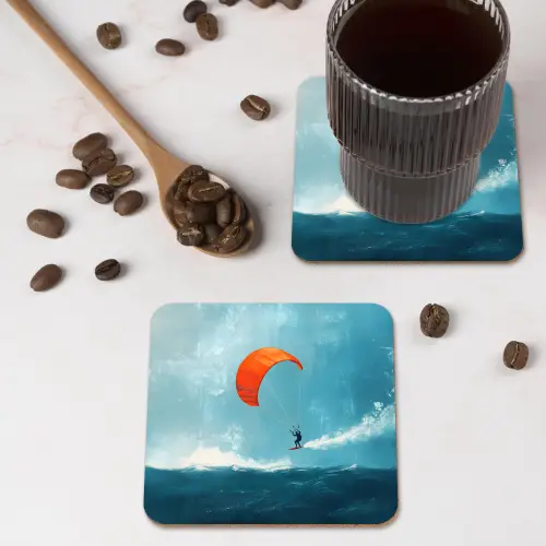 Kitesurfer - Oranje - Zee - Lucht onderzetter kurk middel -sfeer2