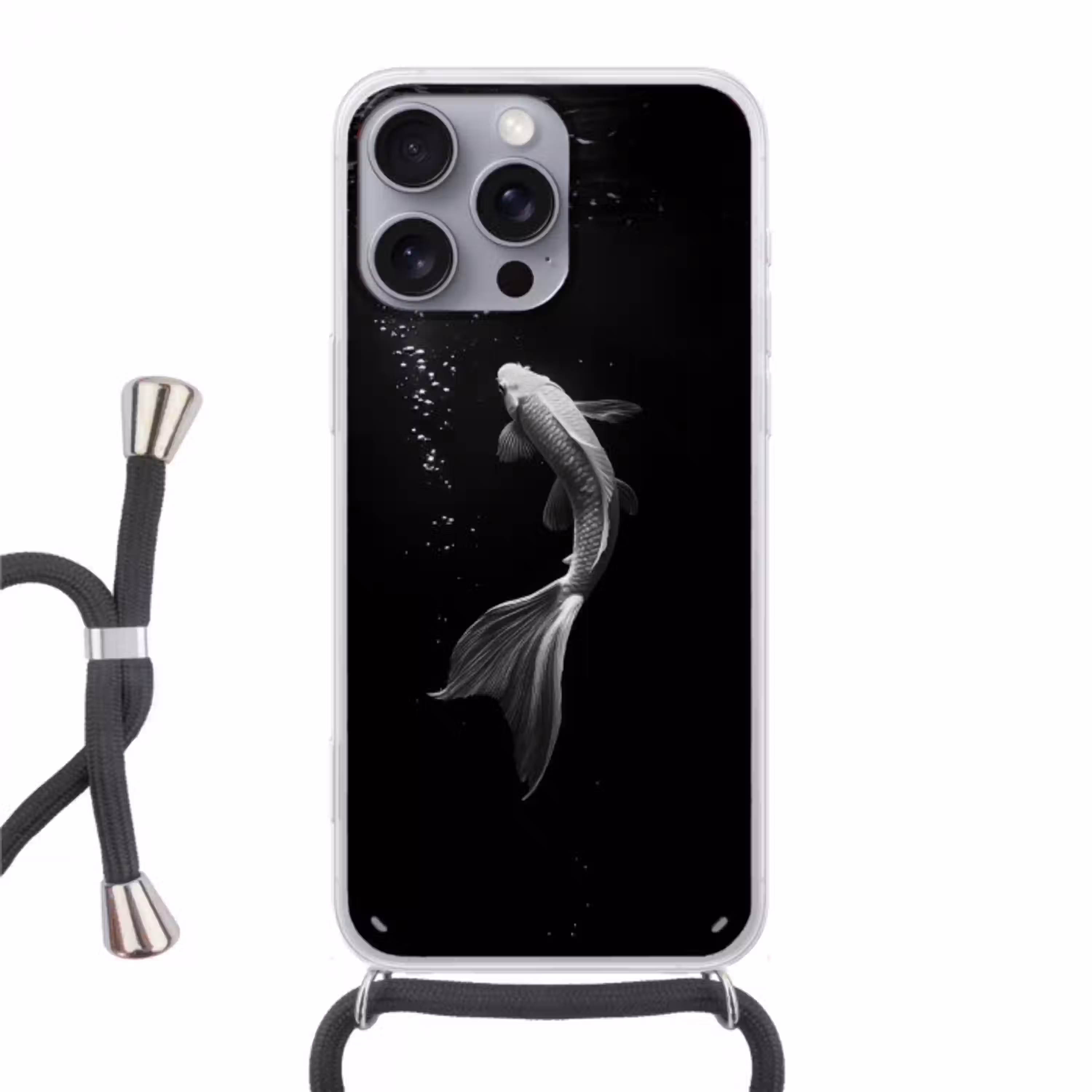 Koi - Vis - Wit - Zwart Hoesje iPhone 16 Pro Max met koord klein -3d