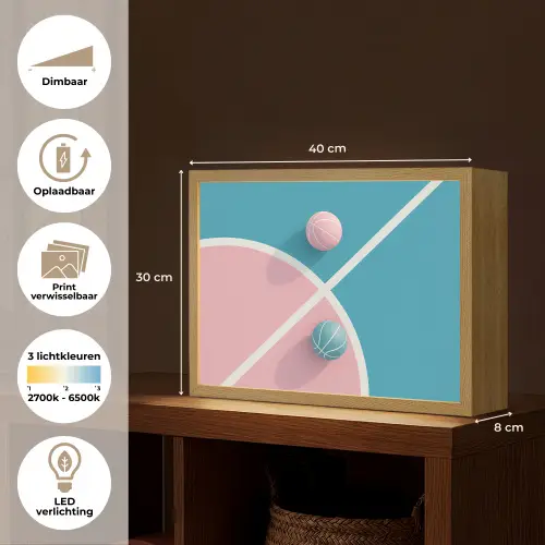 Basketbal - Pastel - Roze - BLauw Light Box met batterij (Wandlamp) middel -USP_websiteoverzichtNL