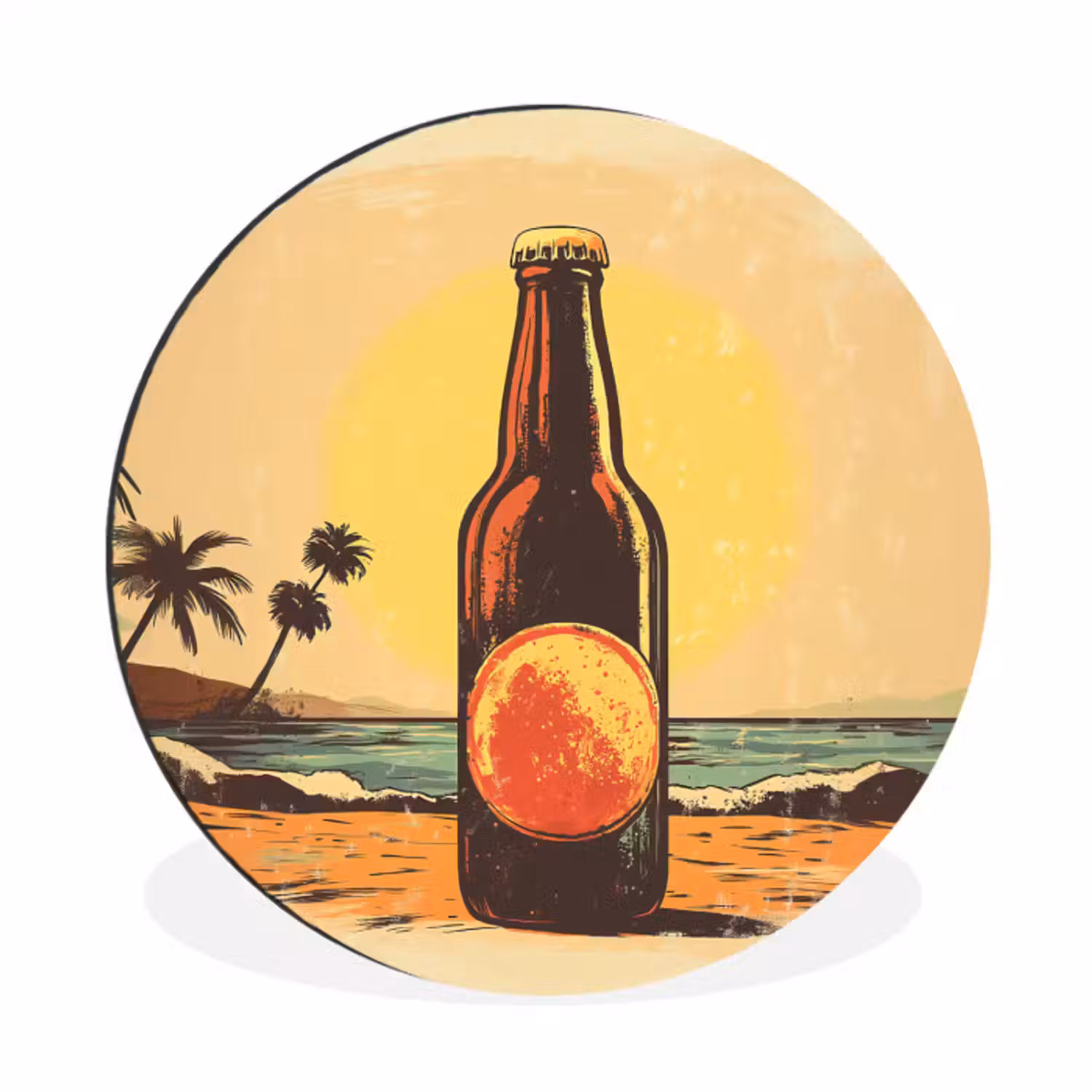 Wandcirkel - aluminium - Bierfles - Zonsondergang - Palmbomen - Zee