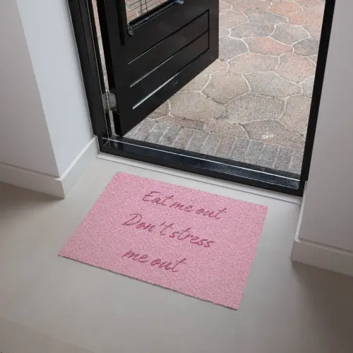 Eat me out don't stress me out - Roze - Handgeschreven Deurmat klein -sfeer5