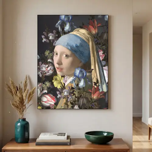 Meisje met de parel - Johannes Vermeer - Bloemen Textielframe zwart klein -sfeer1