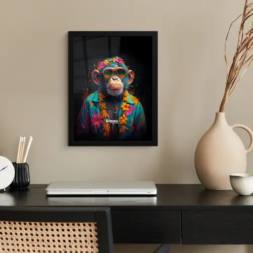 Chimpansee met Hawaii blouse fotolijst zwart zonder passe partout klein -sfeer1